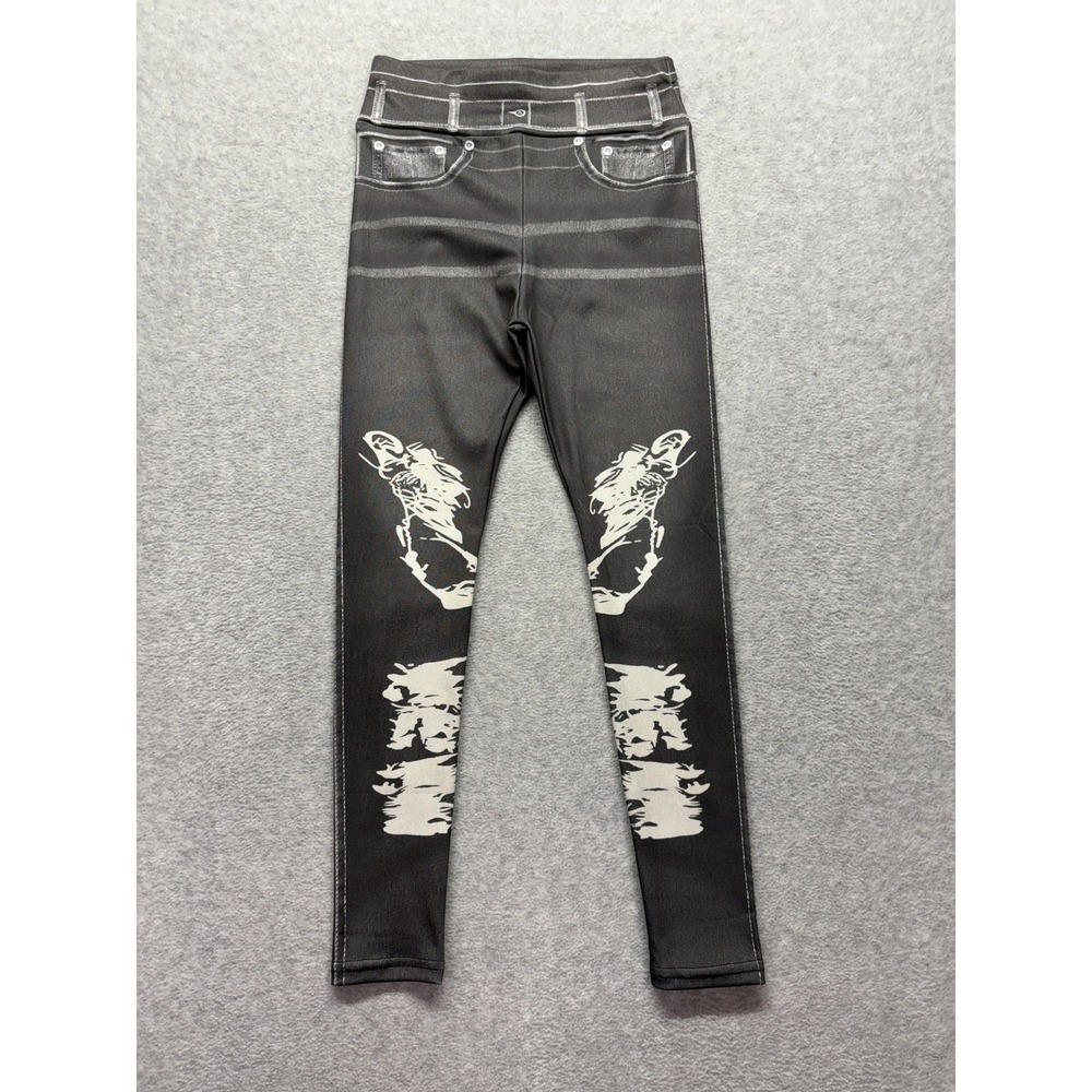 Faux Denim Skeleton Graphic Print Leggings Black White Streetwear Size L